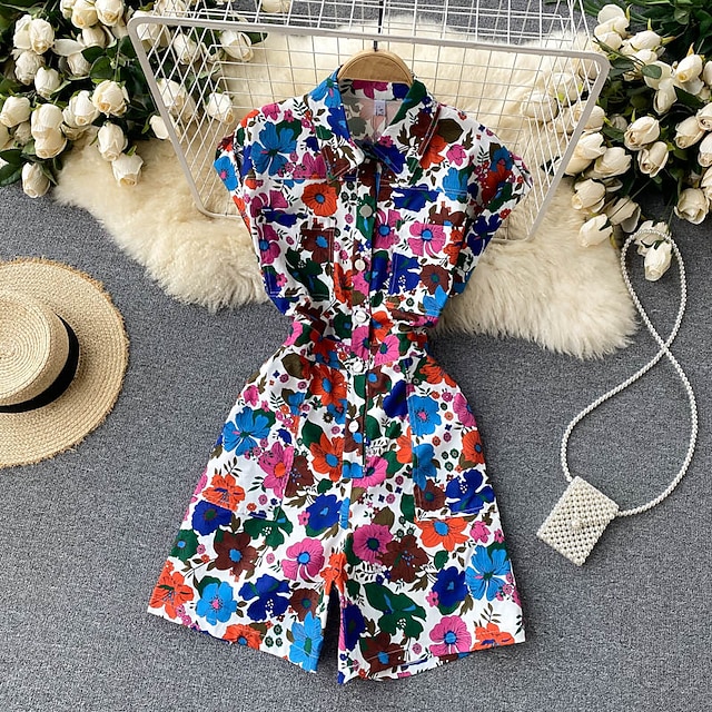 

Women's Romper Button Print Floral Shirt Collar Holiday Street Vacation Regular Fit Sleeveless Blue One-Size Spring