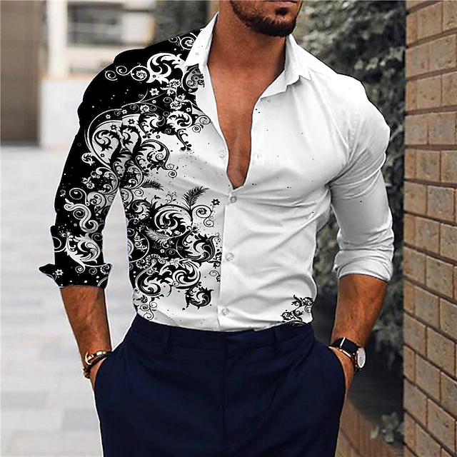 Men's Shirt Floral Print Long Sleeve Button-Down Tops Turndown Green ...