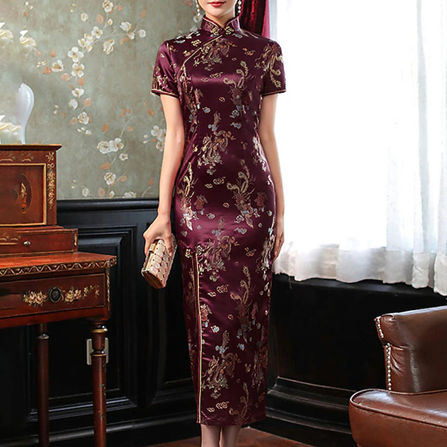 Women's Midi Dress Party Dress Wedding Guest Dress Sheath Dress Cheongsam Dress Modern Chinoiserie Elegant Dress Vacation Wedding Guest Daily Regular Fit Floral Animal Embroidery Short Sleeve Stand 15