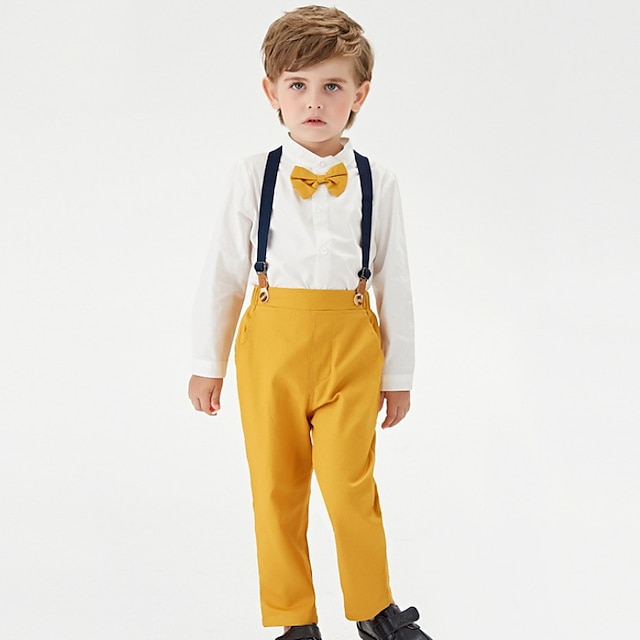 Baby & Kids Boys Clothing | Kids Boys Shirt & Pants Clothing Set 2 Pieces Long Sleeve Yellow Solid Color Bow Cotton Indoor Outdo