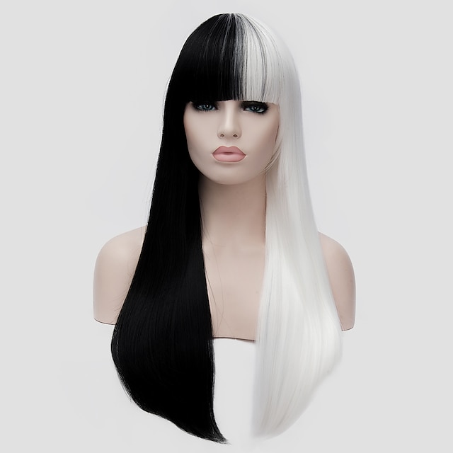  Witches/Wizard Wig Black and White Wig Cruella Deville Wig Long Straight Synthetic Wig with Bangs Women Halloween Wig