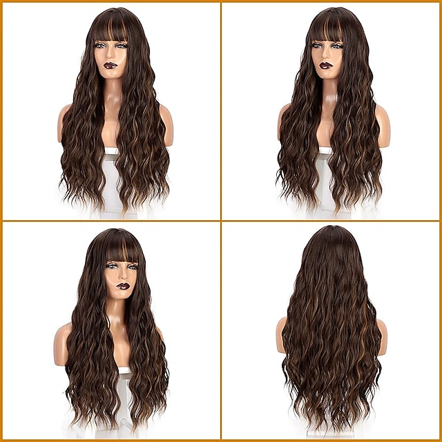 Beauty & Hair Wigs & Hair Pieces | Brown Wig with Bangs Long Wavy Blonde Highlights Wig for Women Synthetic Heat Resistant Wig N