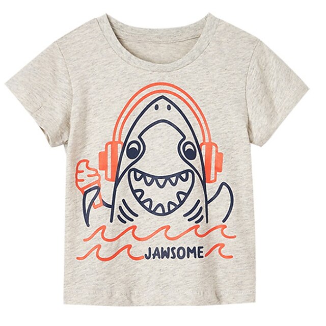 Baby & Kids Boys Clothing | Kids Boys T shirt Short Sleeve Gray Cartoon Shark Letter Animal Cotton Indoor Outdoor Active Daily 2