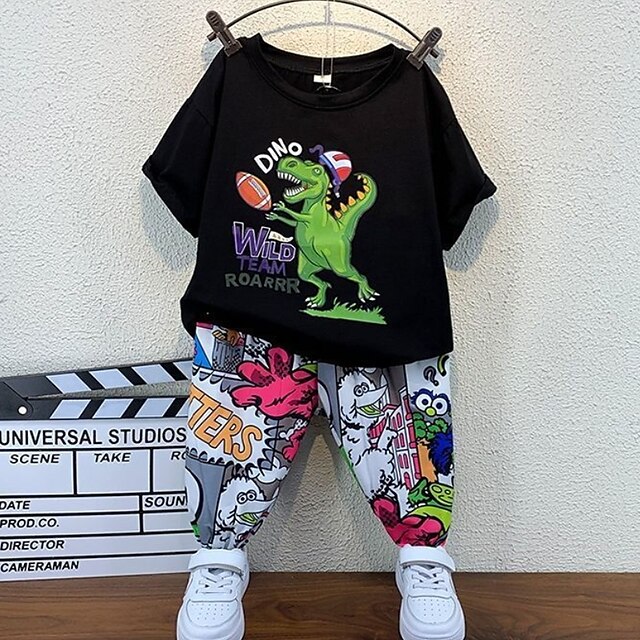 Baby & Kids Boys Clothing | Kids Boys T-shirt & Pants Clothing Set 2 Pieces Short Sleeve Black Dinosaur Letter Animal Print Cott