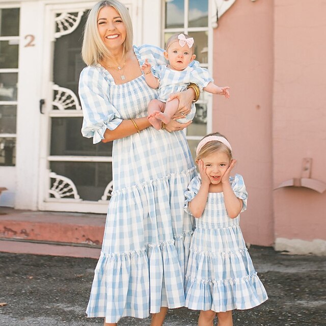  Mommy and Me Dresses Plaid  Light Blue Half Sleeve Midi Casual Dress Family Photo Matching Outfits