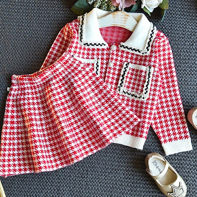 Baby & Kids Girls Clothing | Kids Girls Shirt & Skirt Skirt Set Clothing Set 2 Pieces Long Sleeve Red Plaid Print Cotton Indoor 