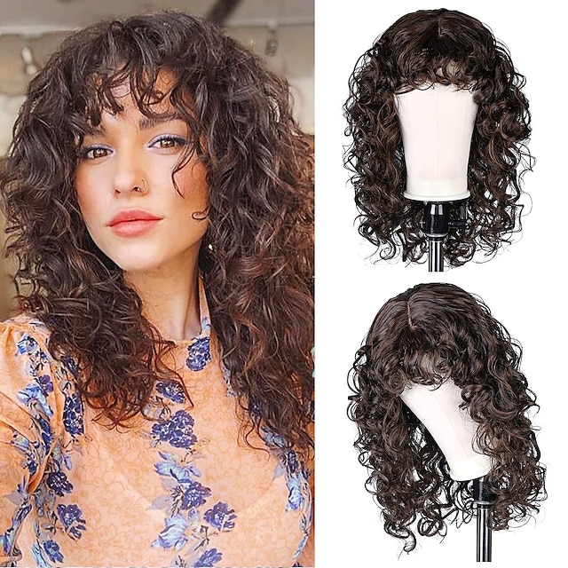  Eddie Munson Cosplay Long Curly Wig with Bangs 20Inch Shag Haircut With Curly Fringe Synthetic Hair for Women and Women Daily Use Party Christmas Party Wigs