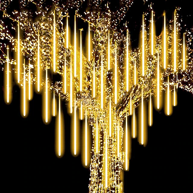 2 Pack Meteor Shower Christmas Lights Outdoor 30cm 8 Tubes 192 LED Falling Rain Lights Plug in Icicle Snow Cascading String Lights for Xmas Tree Holiday Patio Decorations 10