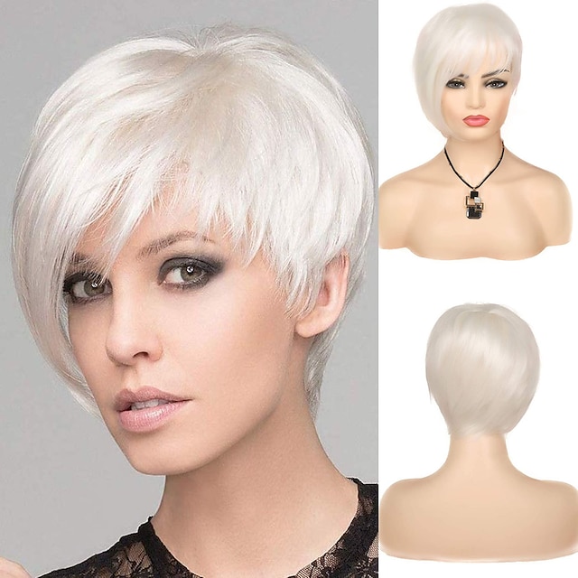  White Wigs for Women Short White Wig with Fringe Pixie Straight Synthetic Hair Wigs for Women Heat Resistant Cosplay Halloween Party Costume