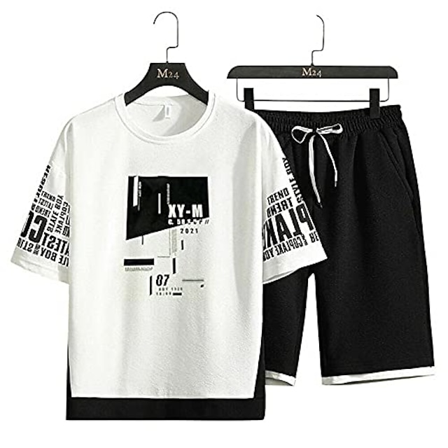  Mens Sport Set Summer Outfit 2-Piece Set Short Sleeve T Shirts and Shorts Stylish Casual Sweatsuit Set (White,2XL=US L)