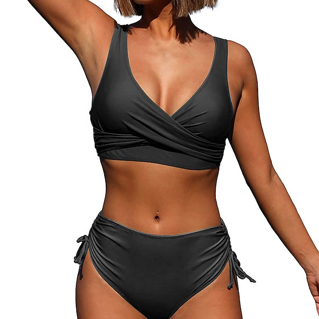 Women's Normal Swimwear Bikini 2 Piece Briefs Swimsuit High Waist Twist Front Fitted Vacation Stylish Solid Color V Wire Sleeveless Bathing Suits 12