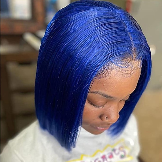 

Short Straight Lace Front Human Hair Wigs With Baby Hair Blue Color 150% Density 13x4 Lace Front Glueless Pre Plucked Wig For Black Women