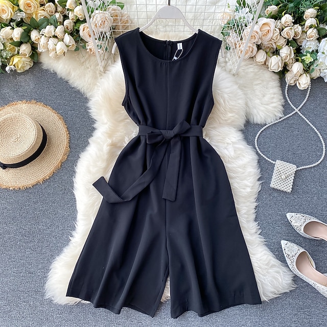 

Women's Romper Lace up Bow Solid Color Crew Neck Ordinary Street Vacation Baggy Shorts Regular Fit Sleeveless Green Black Gray One-Size Spring