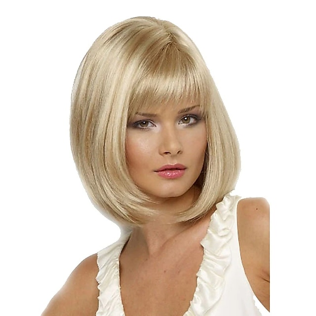  Blonde Bob Wig Synthetic Wig Straight Straight Bob With Bangs Wig Blonde Short Blonde Synthetic Hair Women‘s Heat Resistant Side Part Blonde