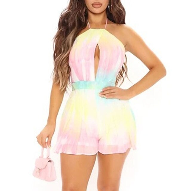 

Women's Romper Backless Lace up Color Block Halter Neck Casual Street Vacation Regular Fit Sleeveless Green Yellow S M L Fall / Cut Out / Print