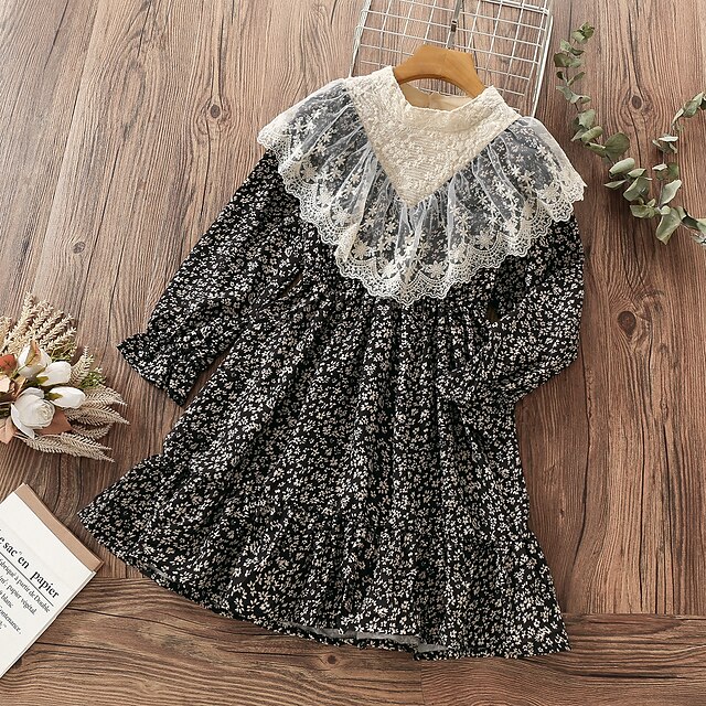 

Kids Little Girls' Dress Floral A Line Dress School Daily Lace Patchwork Black Pink Knee-length Long Sleeve Casual Cute Dresses Children's Day Fall Spring Loose 1 PC 3-12 Years