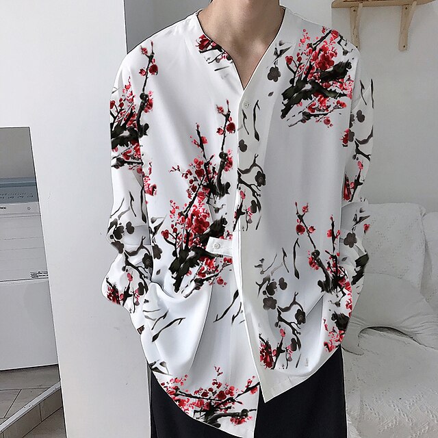 

Men's Shirt Print Floral V Neck Casual Daily Print Long Sleeve Tops Business Casual Fashion Tropical White