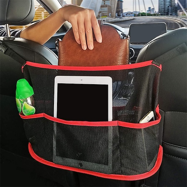  Car Net Pocket Large Adjustable Buckle Strap Car Seat Bag Holder Car Mesh Purse Holder between Seats 1PCS