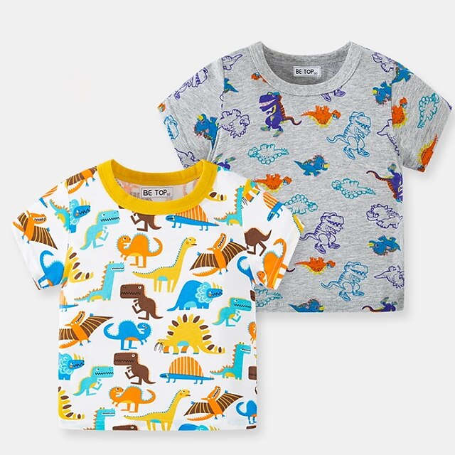 Baby & Kids Boys Clothing | Kids Boys T shirt Short Sleeve White Gray Cartoon Dinosaur Animal Cotton Indoor Outdoor Active Daily