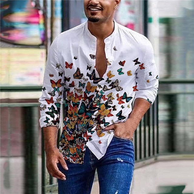  Voor heren Overhemd 3D-afdrukken Vlinder Opstaand Straat Casual Button-omlaag Afdrukken Lange mouw Tops Casual Modieus Comfortabel Wit / Lente / Zomer