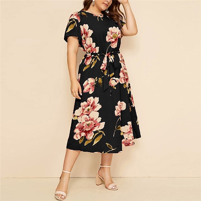 Womens Clothing Plus Size Collection | Womens Plus Size A Line Dress Floral Round Neck Print Short Sleeve Spring Summer Casual P