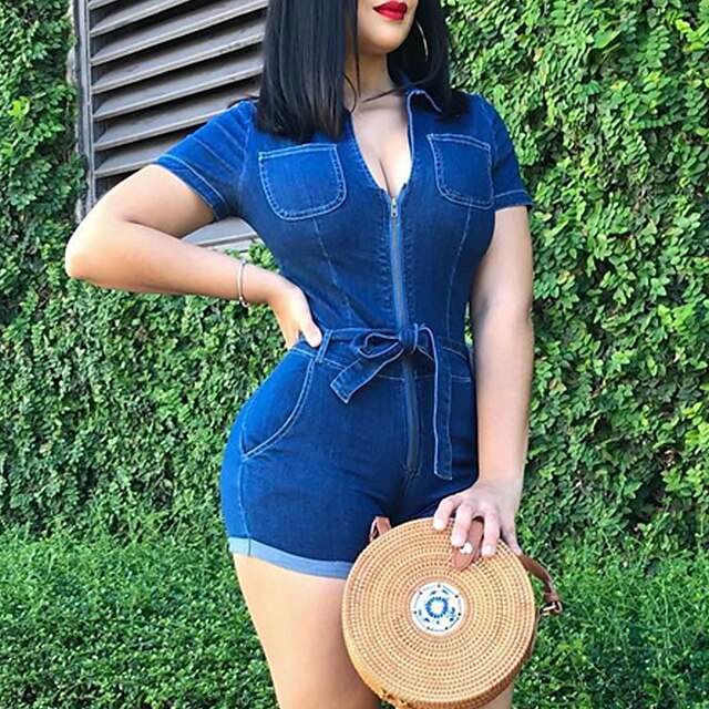 

Women's Romper Lace up Solid Color V Neck Active Street Sport Regular Fit Short Sleeve Blue S M L Spring