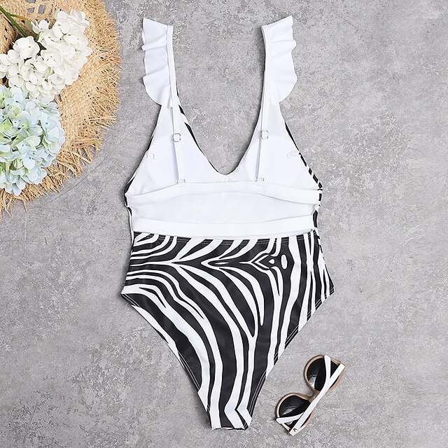 Womens Clothing Womens Swimwear | Womens Swimwear One Piece Swimsuit Animal Pattern Tummy Control Ruffle Zebra Print zebra Bathi