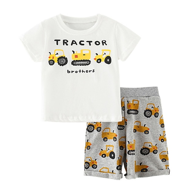 Baby & Kids Boys Clothing | Kids Boys T-shirt Set Clothing Set 2 Pieces Short Sleeve White Car Letter Print Cotton Indoor Outdoo