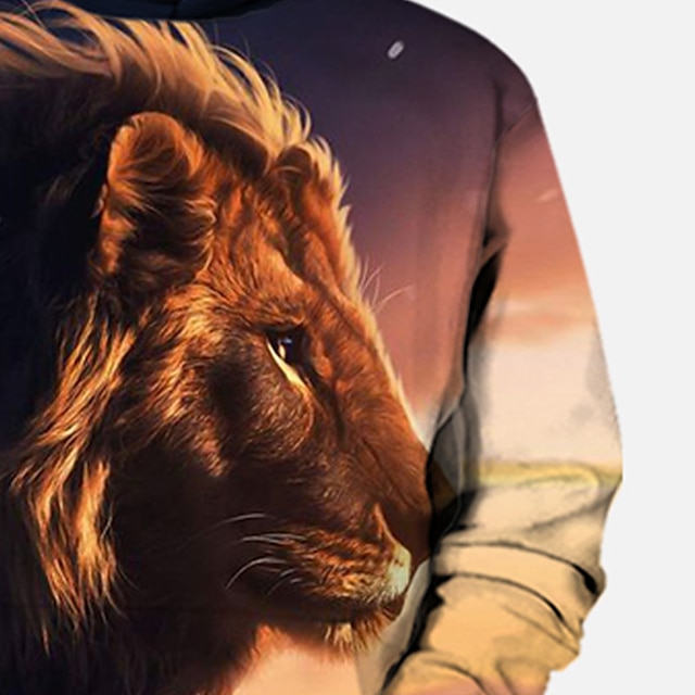 Baby & Kids Boys Clothing | Kids Boys Hoodie Long Sleeve Yellow 3D Print Lion Animal Pocket Daily Indoor Outdoor Active Fashion 