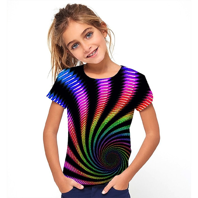  Girls' 3D Color Block Optical Illusion T shirt Short Sleeve 3D Print Summer Spring Sports Streetwear Basic Polyester Kids 5 years+ Outdoor Daily