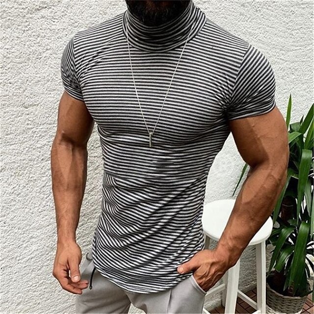 Men's T shirt Tee Striped Turtleneck Casual Holiday Short Sleeve ...