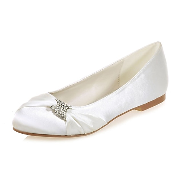  Women's Wedding Shoes Bridal Shoes Rhinestone Flat Heel Round Toe Ballerina Satin Loafer White Ivory Silver