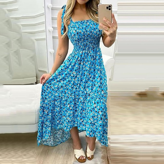 Per donna Abito linea A Vestito longuette Blu Rosa Rosso Blu marino Giallo  Senza maniche Floreale