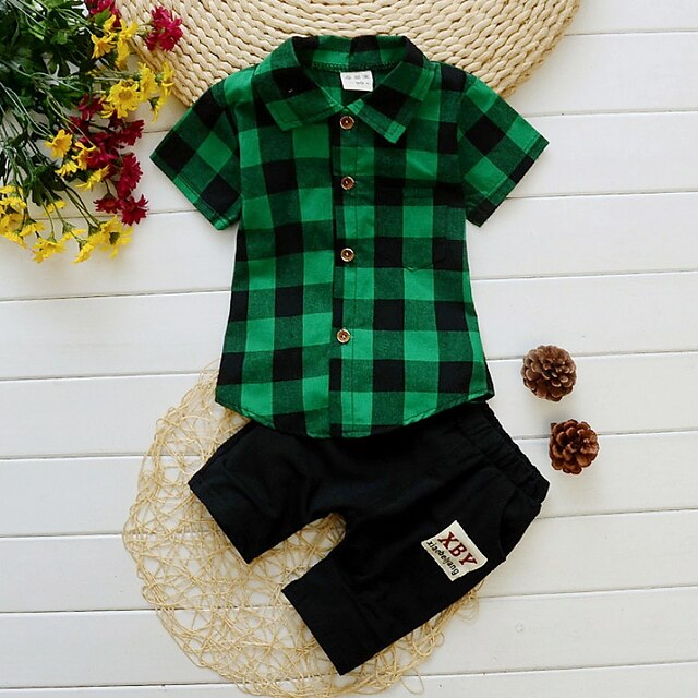 Baby & Kids Boys Clothing | Kids Boys Shirt & Shorts Clothing Set 2 Pieces Short Sleeve Green Blue Plaid Print Cotton Indoor Out