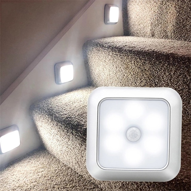 Square Motion Sensor Night Lights Battery Powered PIR Induction Under Cabinet Light Closet Lamp With Magnetic Stairs Kitchen Bedroom Lighting 1pcs