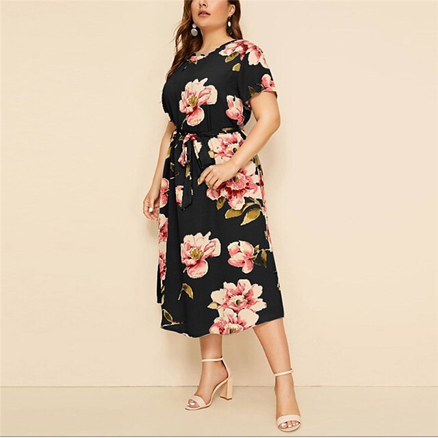 Womens Clothing Plus Size Collection | Womens Plus Size A Line Dress Floral Round Neck Print Short Sleeve Spring Summer Casual P