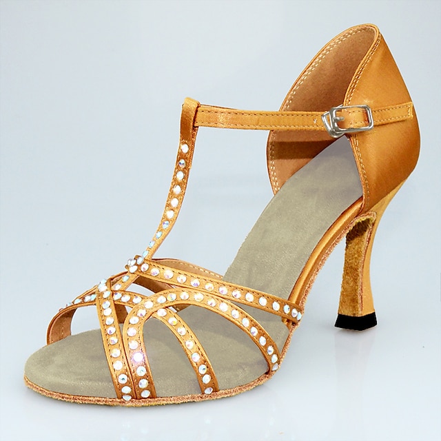  Women's Latin Shoes Party Training Practice Glitter Crystal Sequined Jeweled Heel Rhinestone Flared Heel T-Strap khaki / Satin
