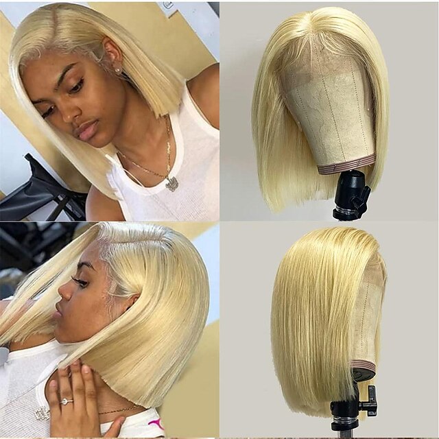 

613 Blonde Short Bob Lace Front Wig Human Hair Pre Plucked with Baby Hair 8 Inch 150% Density Brazilian Virgin Hair Silky Straight Bob Wig Bleached Knots for Black Women