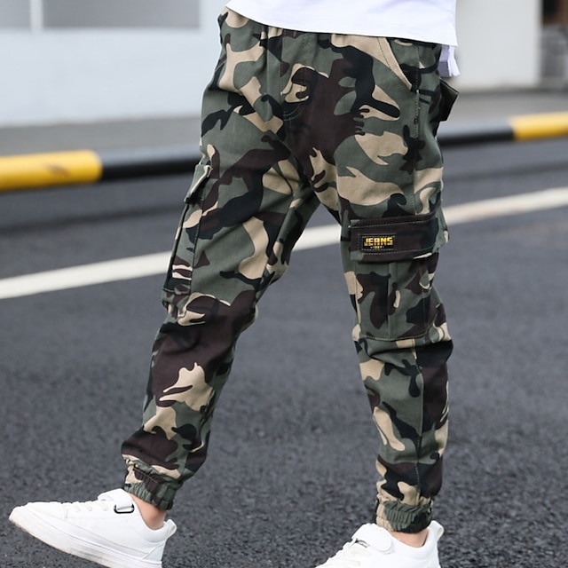  Kids Boys Pants Trousers Camouflage Active Casual Cotton Pocket Basic Outdoor 3-13 Years Spring Army Green