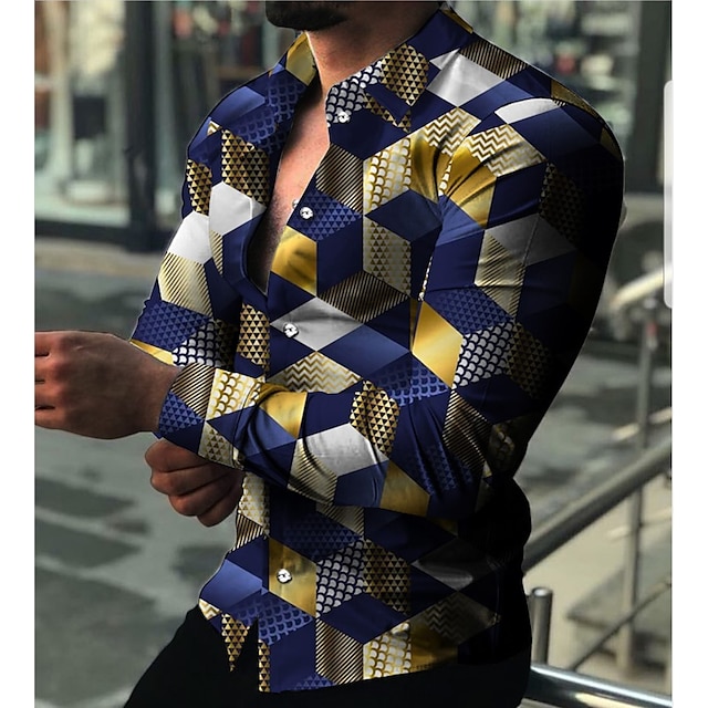  Men's Shirt Graphic Shirt Geometric Argyle Turndown Blue 3D Print Daily Holiday Long Sleeve 3D Print Button-Down Clothing Apparel Fashion Designer Casual Breathable