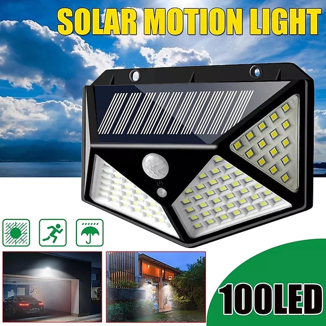 Solar Wall Lights Outdoor 100LEDs 3 Modes 270 Lighting Angle Solar Motion Sensor Outdoor Lamp IP65 Waterproof Light Control Solar Wall Lamp Suitable for Garage Fence Deck Courtyard