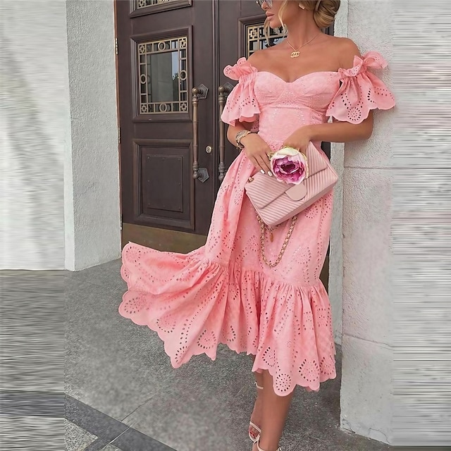  Kadın's Parti elbisesi Midi Elbise Doğal Pembe Kısa Kollu Saf Renk Arkasız Fırfırlı Bahar Yaz Düşük Omuz Zarif Günlük Seksi 2022 S M L XL XXL