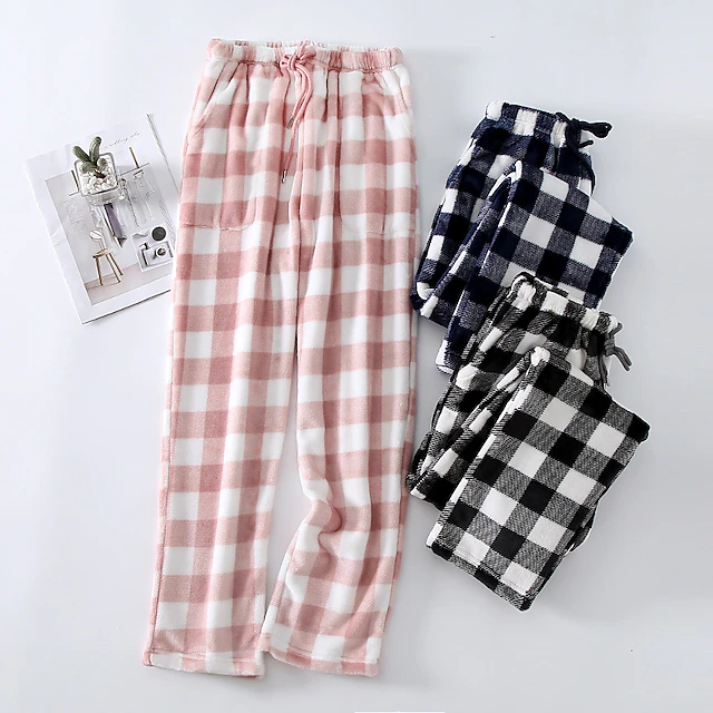 Women's Pajamas Pants Nighty Pjs 1 PCS Grid / Plaid Fashion Simple Comfort Party Home Bed Flannel Warm Breathable Long Pant Elastic Waist Print Pocket Fall Winter Home Outfits 23