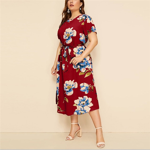 Womens Clothing Plus Size Collection | Womens Plus Size A Line Dress Floral Round Neck Print Short Sleeve Spring Summer Casual P