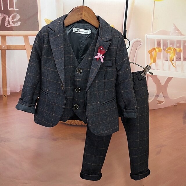 3 Pieces Ring Bearer Suit Boys Kids Suit Formal Suit Suit & Blazer Clothing Set Anniversary Party Street Cool Formal Plaid Navy Blue Purple Gray Cotton2