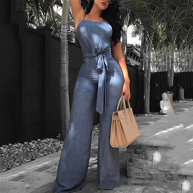 

Women's Jumpsuit Backless Lace up Solid Color Halter Neck Active Street Going out Regular Fit Sleeveless Blue S M L Spring