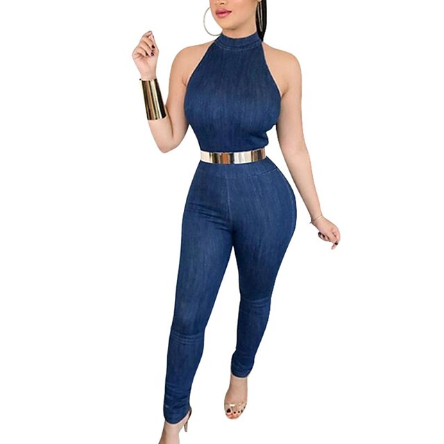 

Women's Jumpsuit Solid Color Crew Neck Elegant Party Vacation Regular Fit Sleeveless Blue S M L Spring