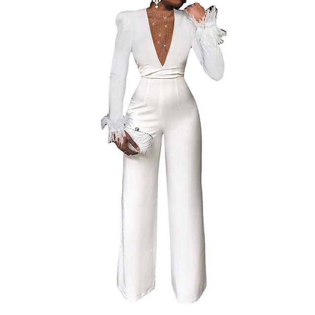 Women's Jumpsuit Feather Solid Color Deep V Elegant Party Evening Prom Wide  Leg Slim Long Sleeve White