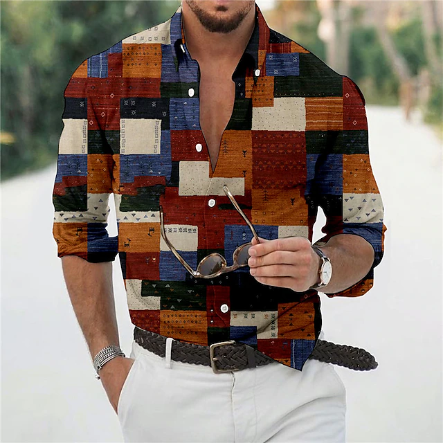 Men's Color Block Geometric Pattern Shirt Button Up Shirt Long Sleeve Fashion Designer Casual Daily Holiday Going out Spring & Summer Turndown 3D Print Button-Down Wine3