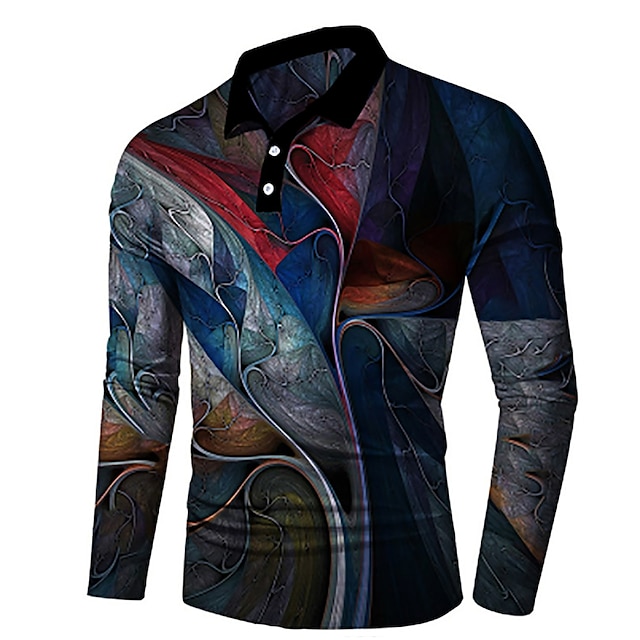  男性用 ポロシャツ ゴルフシャツ 抽象的 カラー ネイビーブルー 3Dプリント アウトドア ストリート 長袖 3Dプリント ボタンダウン 衣類 ファッション ライトウェイト カジュアル 快適